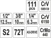 YATO Dugókulcs készlet 111 részes 1/2" 14-32, 1/4" 3,5-13, 3/8" 9-16 CrV (YT-38831)