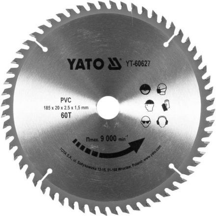 YATO Fűrésztárcsa PVC-hez 185 x 20 x 1,5 mm / 60T (YT-60627)